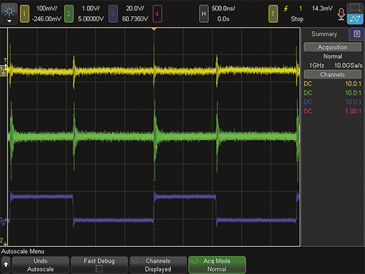 Периодический случайный шум, который возникает в коммутационном узле понижающего преобразователя (сигнал синего цвета), попадает в сигнал входного напряжения (желтый цвет) и выходного напряжения (зеленый цвет)